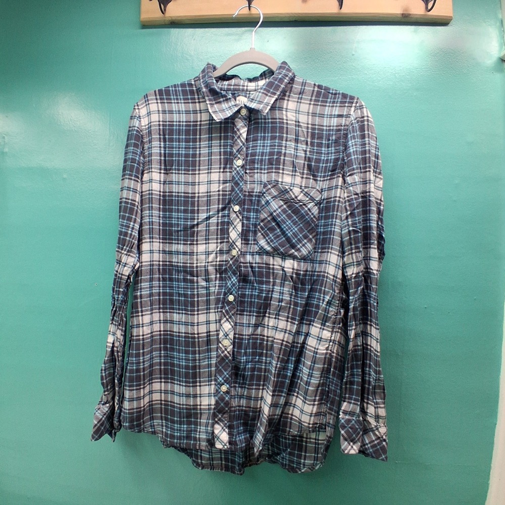 GAP Plaid Button Down Shirt Medium Blue White Viscose Long Sleeve Casual Classic